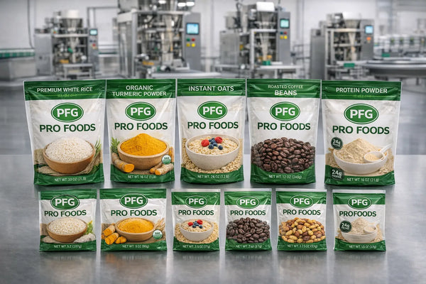 Multiple Pro Foods branded vertical form fill seal pouches in various sizes and products displayed on a stainless surface in a production facility