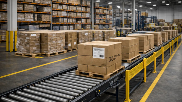 Pallets of cardboard boxes with black printed Pro Foods Group branding moving along conveyor system in organized warehouse distribution facility