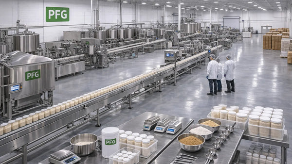 Wide view of a clean, modern food manufacturing facility with stainless steel equipment, aligned production lines, and a structured workstation setup designed for consistent and controlled operations