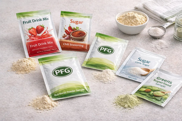Assorted sachets arranged on a clean surface with small amounts of powder, representing portion-controlled packaging for beverage mixes, seasonings, sweeteners, and nutritional products with subtle PFG branding