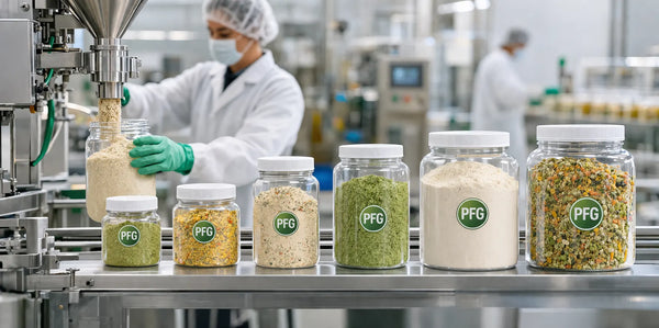 Technician operating a jar filling line with multiple jar sizes and powdered products on a stainless steel conveyor in a clean food production facility with subtle PFG branding