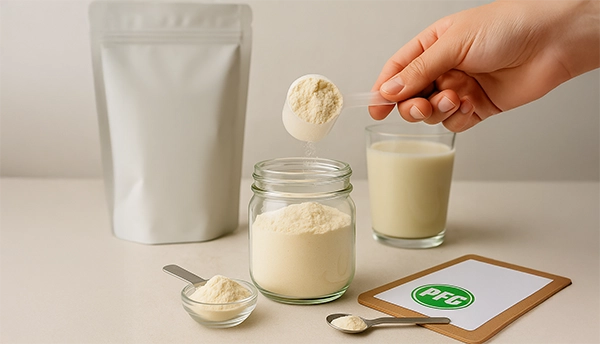A human hand holds a scoop of vanilla whey protein powder above a glass jar beside a glass of blended protein shake, stainless spoon, and clipboard featuring the PFG logo, representing clean, lifestyle-focused supplement formulation and packaging.