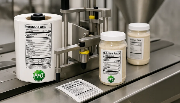 Automated labeling machine in a Pro Foods Group facility applying FDA-style nutrition labels onto supplement jars, with subtle PFG branding printed on the packaging, highlighting precision, quality, and compliance.