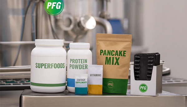 A display of Pro Foods Group products in a manufacturing facility, including superfood powders, protein jars, single-dose sachets, dry blend pouches, and retail-ready packaging, with subtle PFG branding integrated on containers, representing comprehensive manufacturing capabilities.