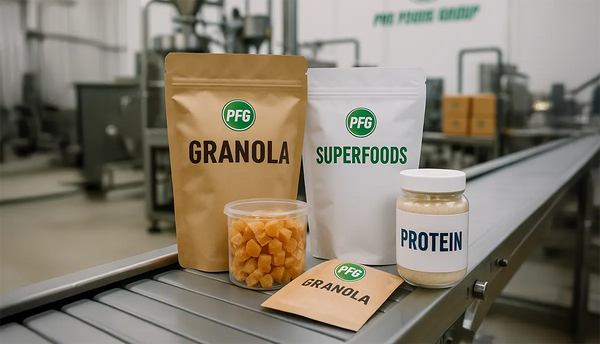Pro Foods Group packaging lineup displayed on a conveyor, featuring PFG-branded pouches labeled “Granola” and “Superfoods,” a protein jar, and a clear container of dried fruit, with a blurred facility and PFG wall logo in the background symbolizing variety, quality, and professional manufacturing.
