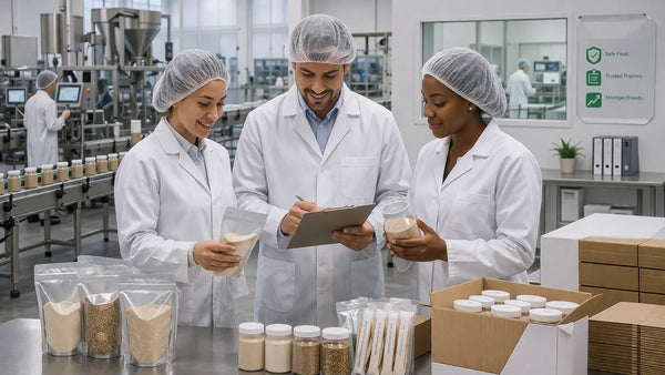 Wide view of a clean, modern food production facility with a team inspecting packaged powders and coordinating production, showcasing efficient, compliant, and scalable manufacturing processes