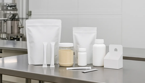 Variety of co-packing packaging formats at Pro Foods Group including powders, stand-up pouch, stick packs, sachets, jars, clamshell, bottle, and retail-ready carton staged in a clean industrial facility.
