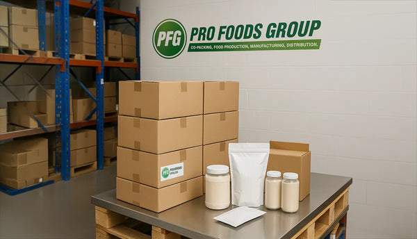 Organized warehouse scene at Pro Foods Group with stacked cartons, retail-ready jars, pouches, and sachets on a stainless steel table, with company logo displayed accurately on the wall to represent end-to-end co-packing support.
