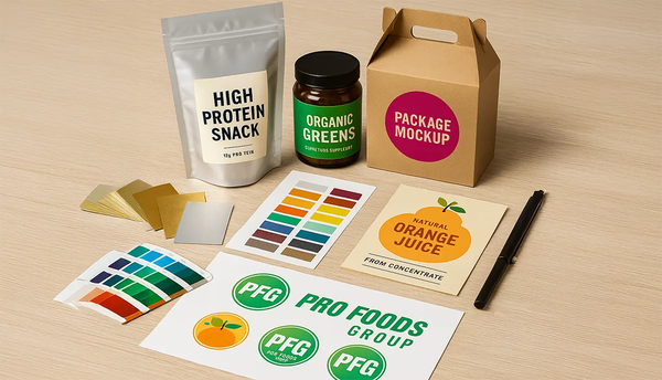 Creative workspace at Pro Foods Group featuring diverse packaging prototypes, label samples, color swatches, and foil materials, showcasing comprehensive design and branding capabilities for food and beverage packaging.