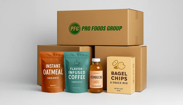 Enterprise-level packaging at Pro Foods Group featuring bulk-ready boxes and multiple SKUs, including labeled pouches, bottles, and cartons, showcasing scalable packaging solutions for large retailers.