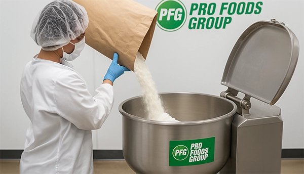 Person in a food processing facility pouring ingredients into a large metal container with Pro Foods Group branding.