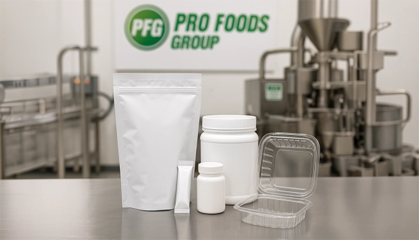 PFG Pro Foods Group logo with food packaging and containers on a table.