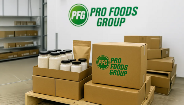 Pro Foods Group packaging with boxes and containers in a warehouse setting