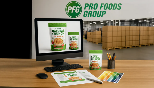 Pro Foods Group packaging design workspace featuring granola packaging mockups, digital and printed label layouts, and brand color swatches, highlighting in-house design expertise and concept-to-production integration.