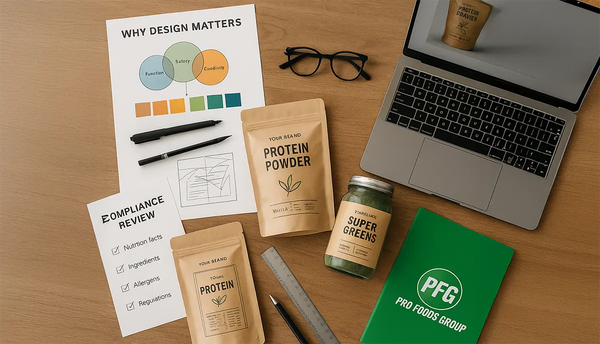 Creative packaging design workspace at Pro Foods Group featuring prototypes, compliance documents, and a branded PFG folder, representing strategy, safety, and creativity in food and beverage packaging.