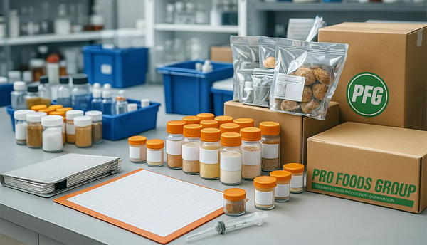 Lab setting with samples, containers, and Pro Foods Group branded boxes.
