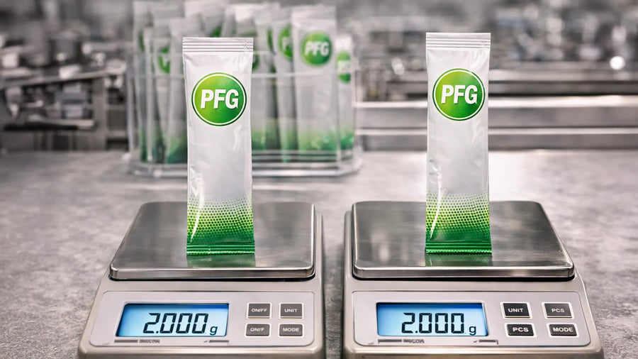 Two slim Pro Foods Group stick packs placed on digital scales showing equal weights, demonstrating precise portion control and consistent fill accuracy in a clean lab environment