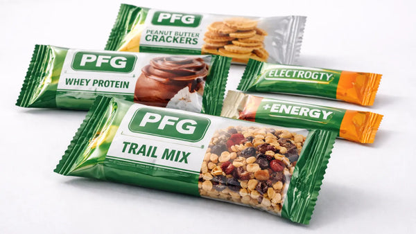 Variety of PFG pillow pack products including trail mix, protein, and single-serve snack bars showing crimped end seals and flexible film packaging on a clean background