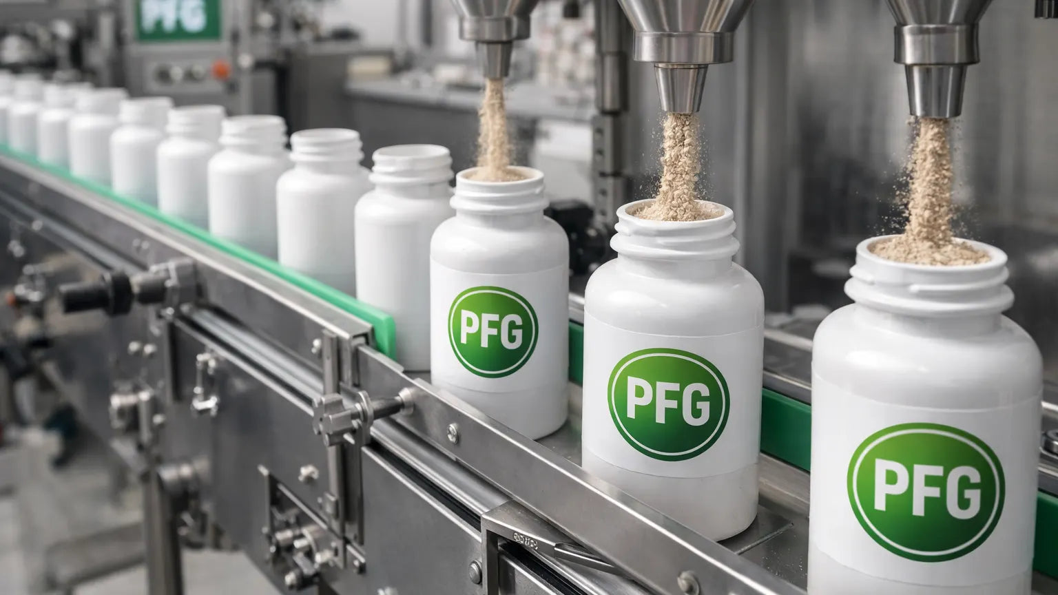 PFG-branded supplement bottles being filled with powder on an automated production line with stainless steel equipment and conveyor system