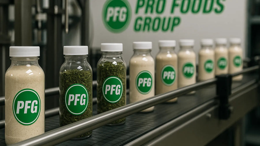 Plastic bottles filled with dry ingredients moving along automated packaging conveyor line with PFG branding in production facility