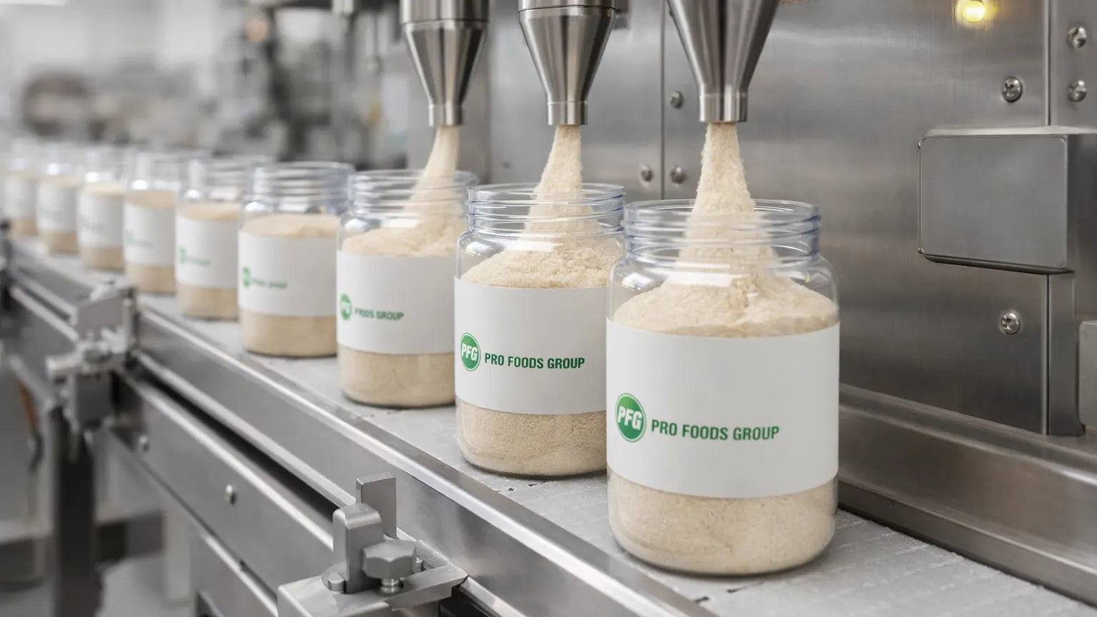 Automated production line filling clear jars with fine powder using stainless steel nozzles in a clean manufacturing facility