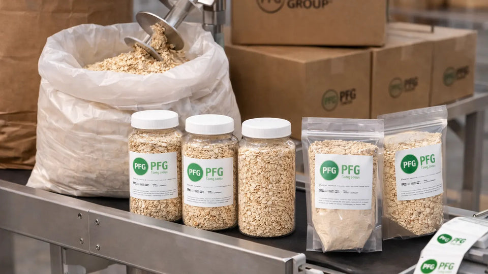 Conveyor system in a warehouse transferring bulk dry ingredients into branded jars and pouches with Pro Foods Group packaging visible on boxes and labels