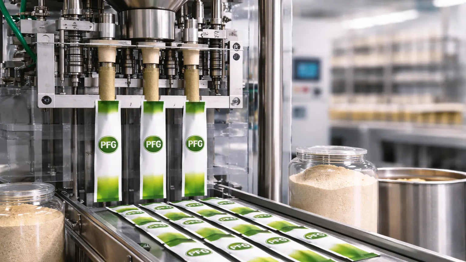 Automated stick pack machine dispensing powder into narrow single-serve packets on a conveyor in a clean food production facility with subtle PFG branding
