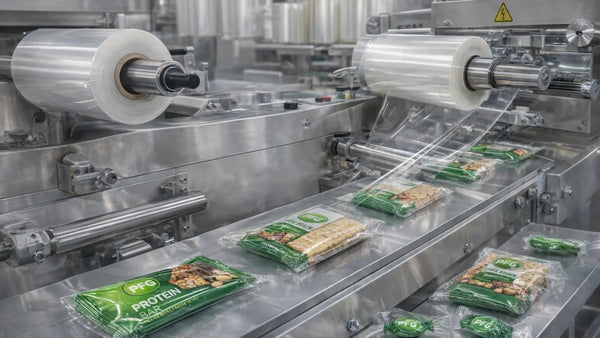 Clear BOPP film feeding from large rolls into a horizontal packaging machine wrapping snack products on a stainless steel conveyor with precise sealing and alignment