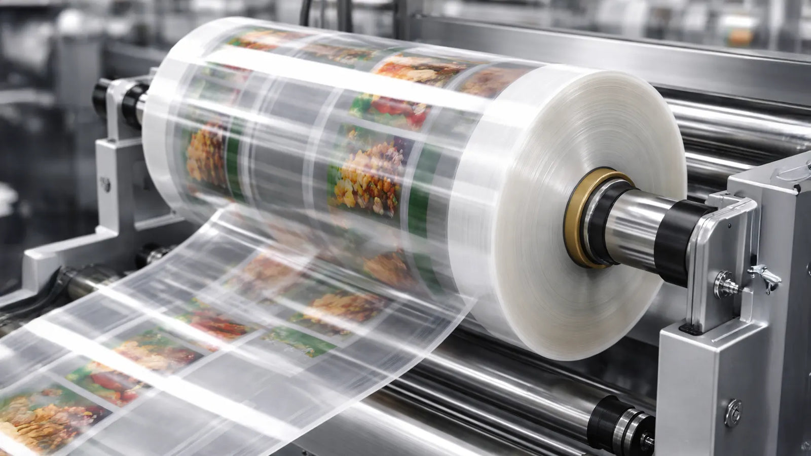 Large roll of glossy BOPP film unwinding through industrial rollers with printed packaging graphics, highlighting flexible film and rollstock packaging process