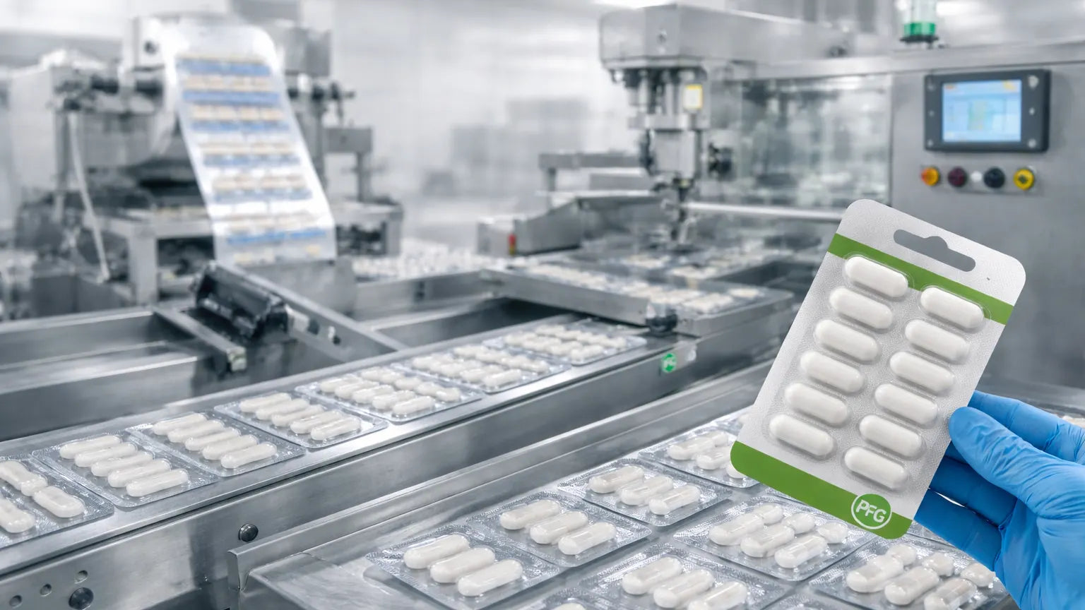 Automated blister packaging production line with heat-sealed capsule packs on conveyor and gloved hand holding finished retail-ready blister card packaging