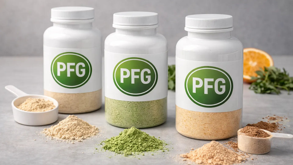 PFG-branded bottles displaying different powder types with small piles of powder beside each, representing supplement, drink mix, and functional powder applications