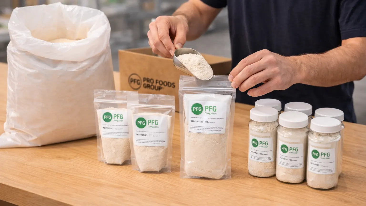 Worker transferring powdered material from a bulk liner into smaller retail-ready pouches and jars with Pro Foods Group labeling on a clean wooden packaging surface