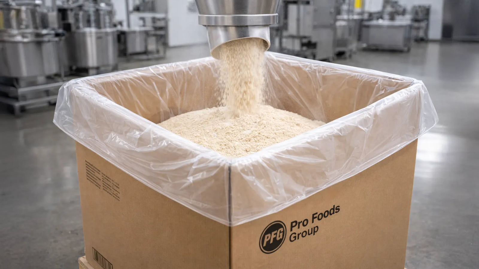 Powder being dispensed from stainless steel chute into lined corrugated bulk box in clean industrial food production facility