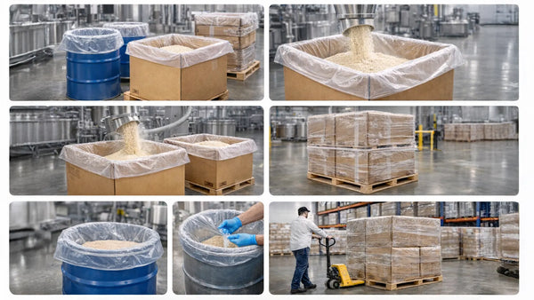 Bulk liner systems used in drums, corrugated boxes, and pallets showing powder filling, containment, and large-scale material handling in food-grade facility