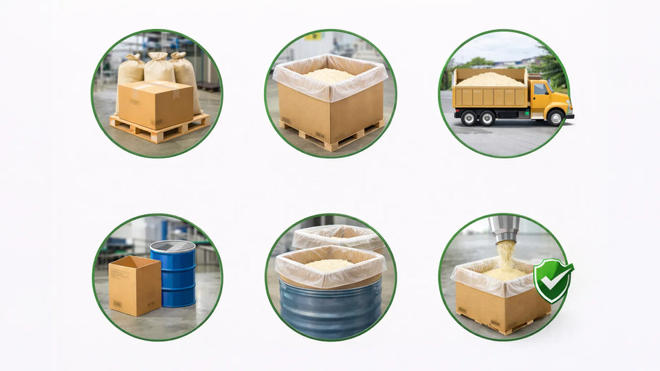 Industrial bulk liner containers filled with dry powder materials in food-grade environment demonstrating large-volume storage and transport applications