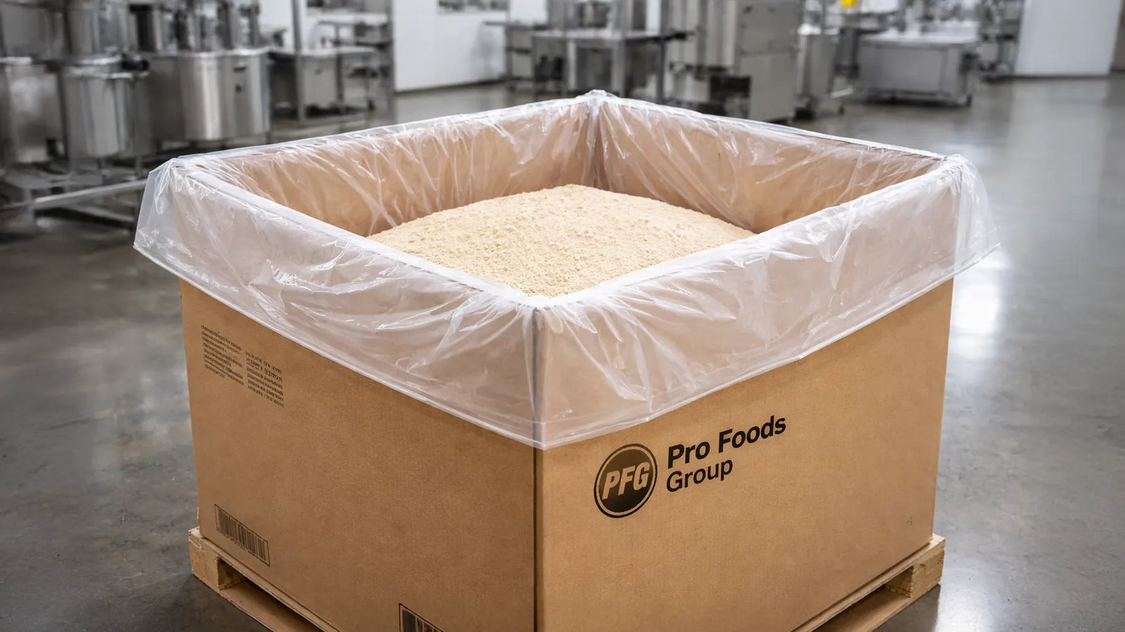Large corrugated bulk box with clear liner bag holding dry powder in clean food-grade production facility with subtle black Pro Foods Group branding