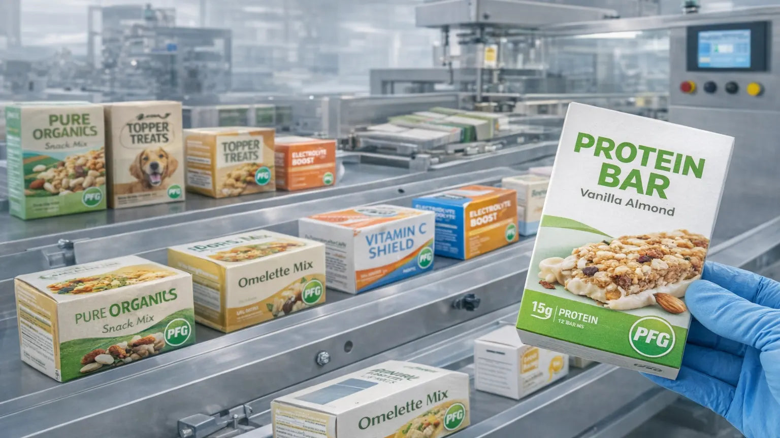 Automated carton packaging production line with folding paperboard boxes for food and supplement products and gloved hand holding finished retail-ready carton