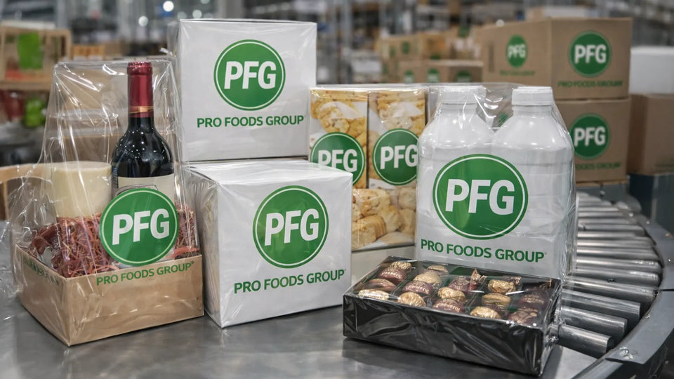 Assorted Pro Foods Group branded retail boxes and bundled products wrapped in clear cello film, including multi-unit packs and gift-style packaging, displayed on a production line with glossy, tamper-evident overwrap finish