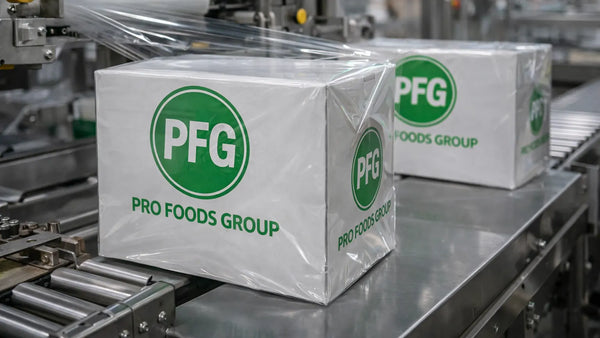 Two Pro Foods Group branded cartons being tightly sealed in clear cello film on an automated overwrapping machine, with visible folded edges and glossy film finish in a dry production environment
