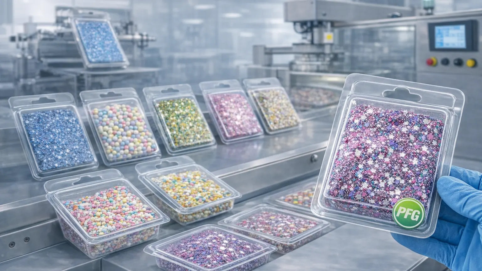 Clear plastic clamshell packaging filled with colorful edible glitter and sprinkles on a food-safe production line with gloved hand holding sealed container