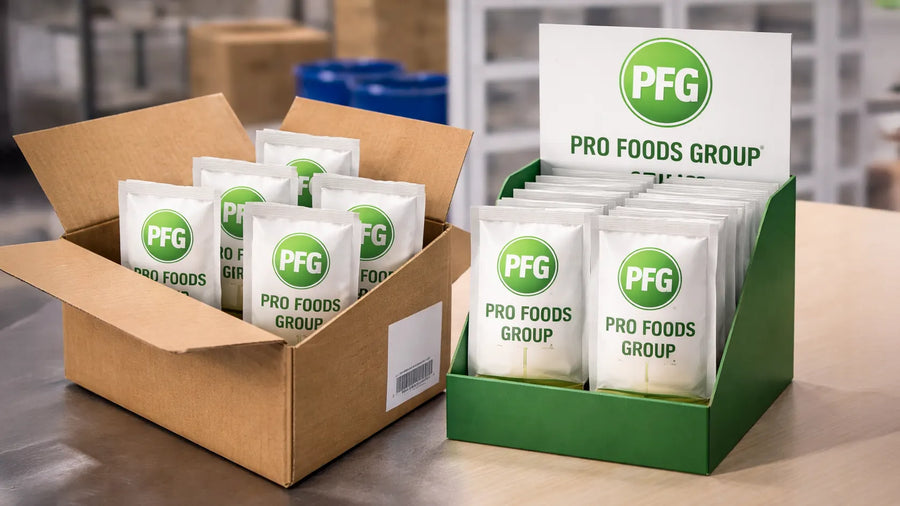 Pro Foods Group sachets neatly arranged in a cardboard shipping box and a retail display tray, demonstrating compact, lightweight packaging optimized for storage and distribution