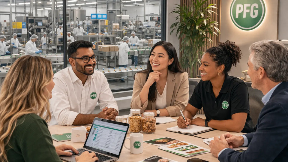Diverse professional meeting between a food manufacturing specialist and client inside a modern facility with production visible in the background and PFG branding present