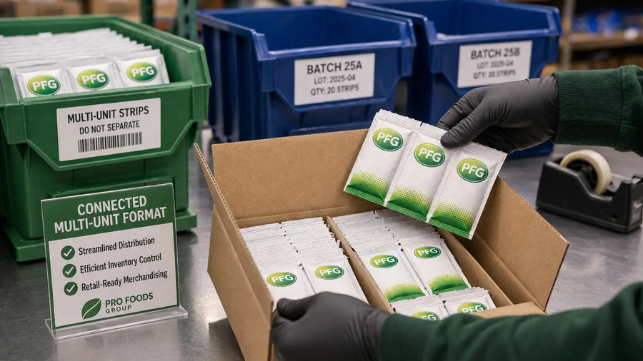 Multiple connected Pro Foods Group packet strips organized in labeled bins and cartons at a warehouse packing station, with a gloved hand placing a strip into a box to demonstrate efficient inventory handling and distribution workflows