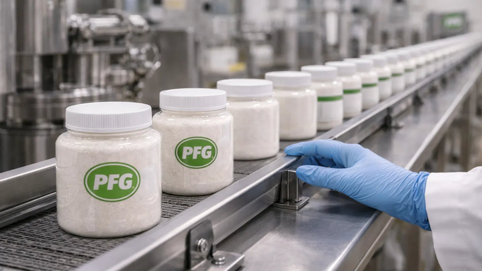 Powder-filled jars moving along a stainless steel conveyor with a gloved technician inspecting alignment, featuring subtle PFG branding to represent consistent, quality-controlled production processes