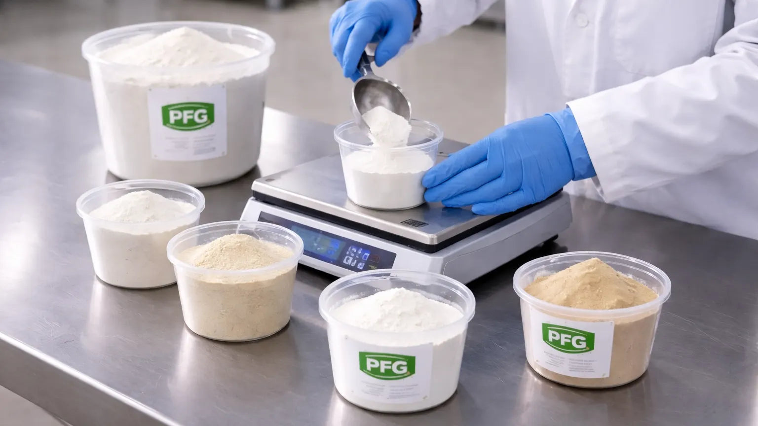 Gloved technician measuring powdered ingredients on a scale in a clean food production environment with organized containers and precise handling procedures