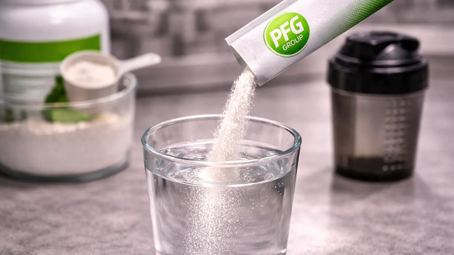 Slim Pro Foods Group stick pack pouring powder into a glass of water with a steady, controlled stream, demonstrating precise product flow and reduced spillage in a clean preparation setting