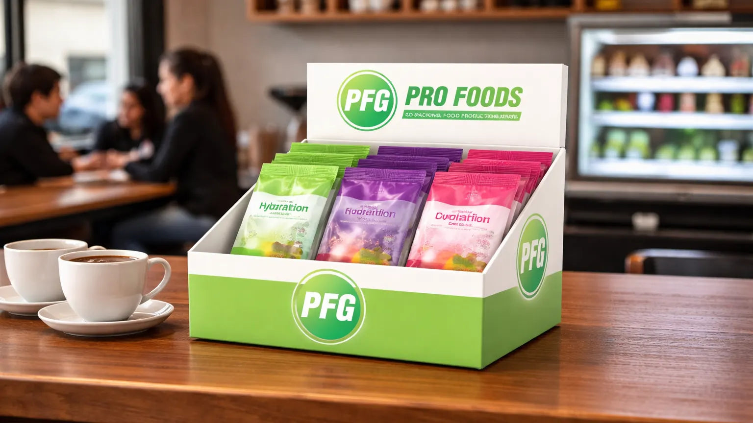 Pro Foods Group branded countertop display box placed on a café counter, filled with neatly arranged single-serve packets and positioned in a warm coffee shop setting to highlight point-of-sale merchandising versatility