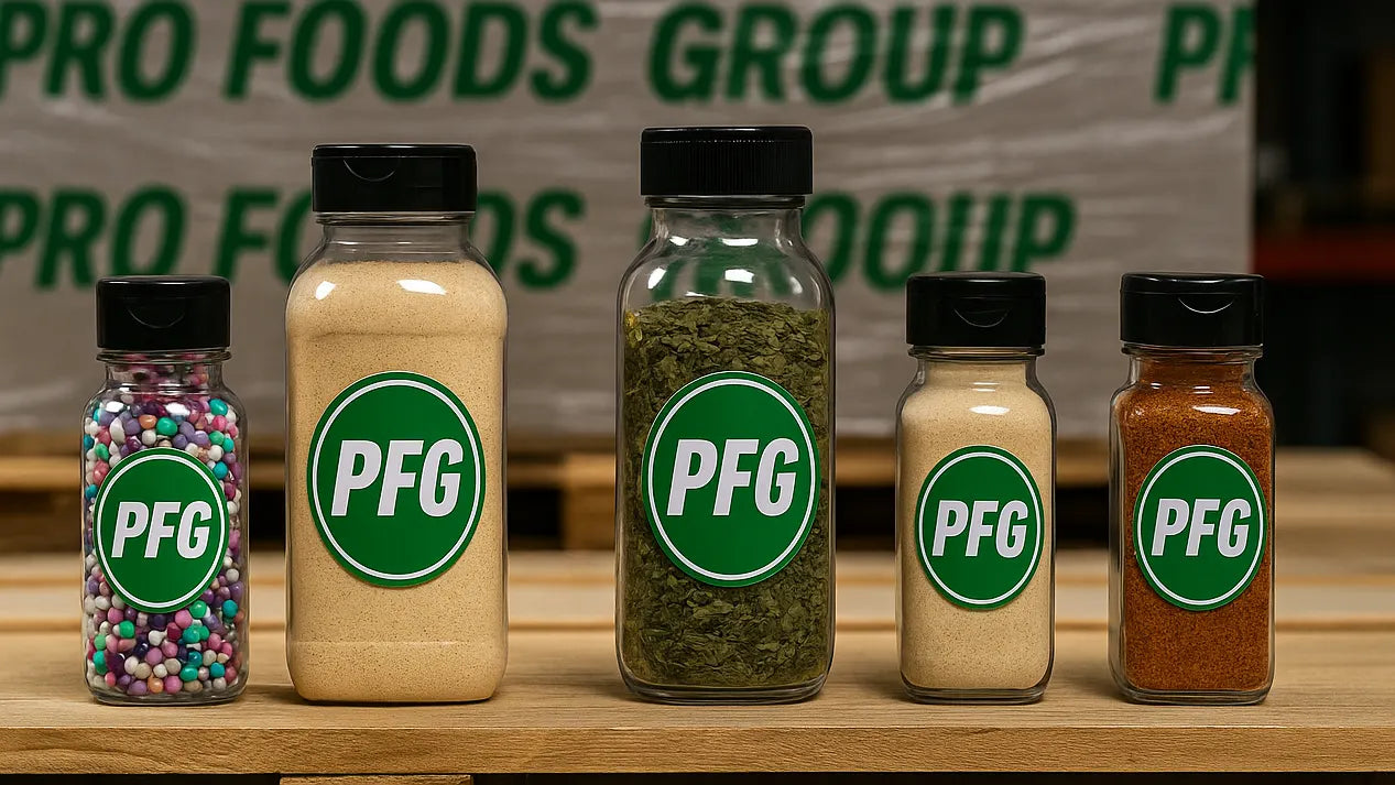 Assorted plastic bottles of different sizes filled with powders and dry ingredients with PFG labels displayed in packaging environment