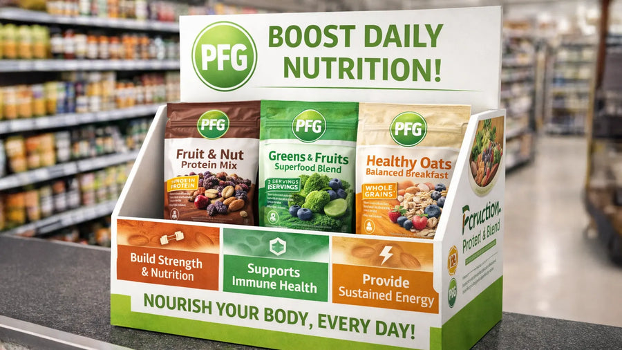 Retail point-of-sale display featuring bold, full-color graphic panels with product imagery and messaging, designed to enhance brand visibility and communicate key product benefits at shelf level