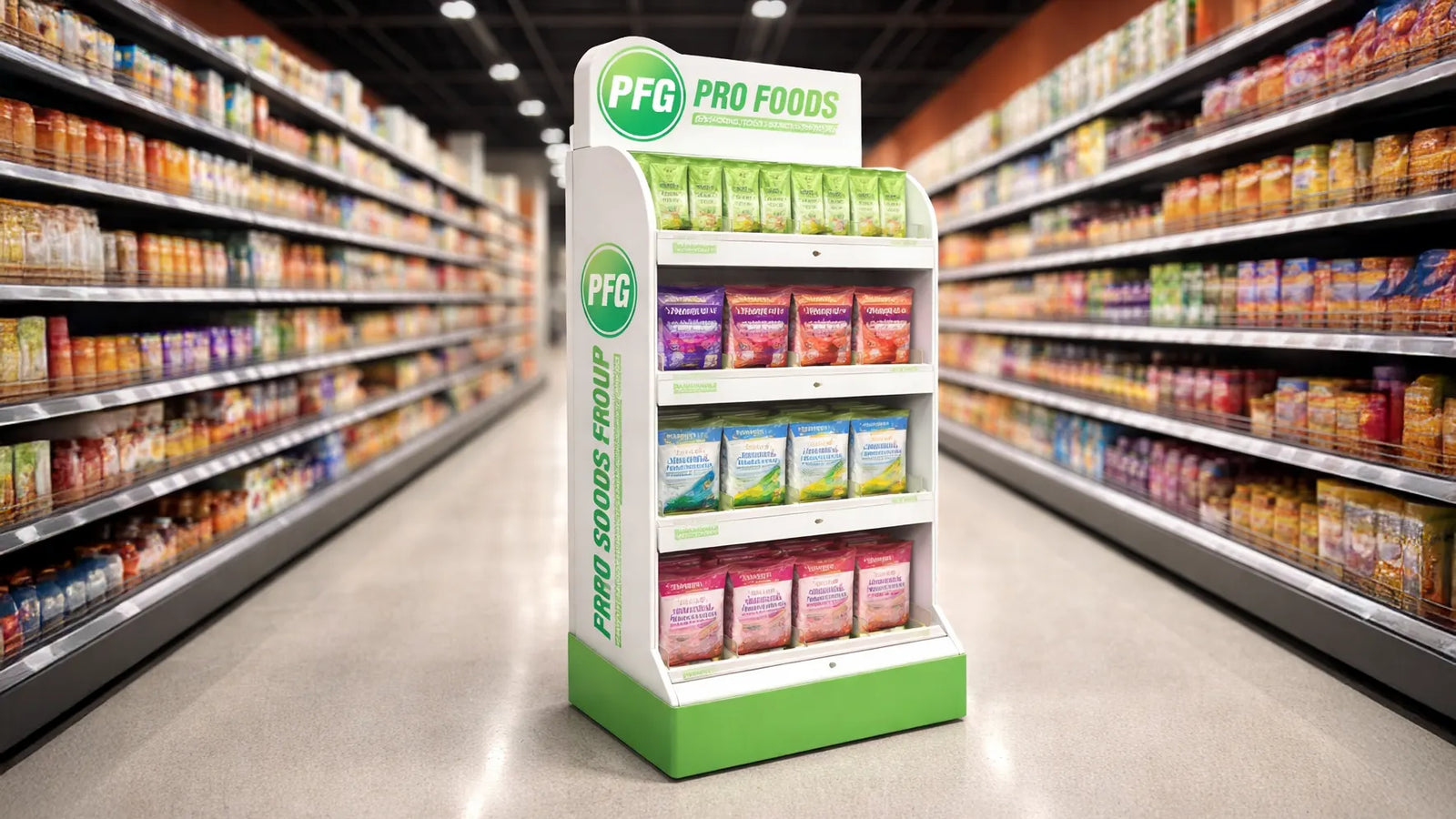 Pro Foods Group branded floor display unit positioned in a grocery aisle, stocked with neatly arranged packaged products to showcase effective retail merchandising and point-of-sale visibility